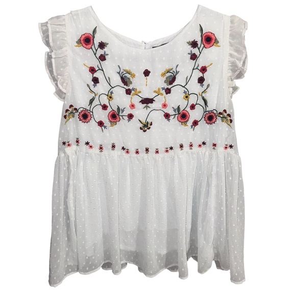 Chelsea & Theodore Tops - CHELSEA & THEODORE Medium Floral Embroidered Ruffle Polka Dot Blouse
